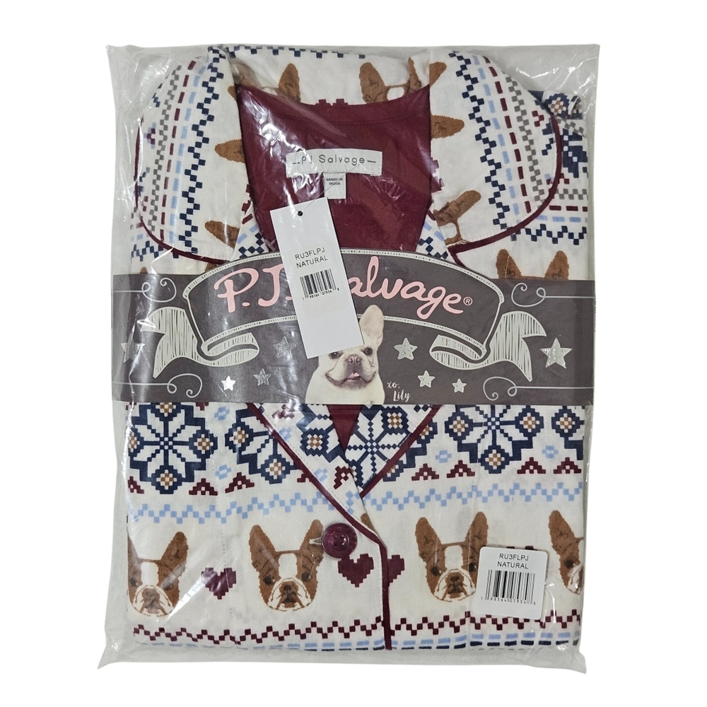 PJ Salvage Flannel Pajama Set Dogs Hearts Women Natural Top & Pants NWT 🐶